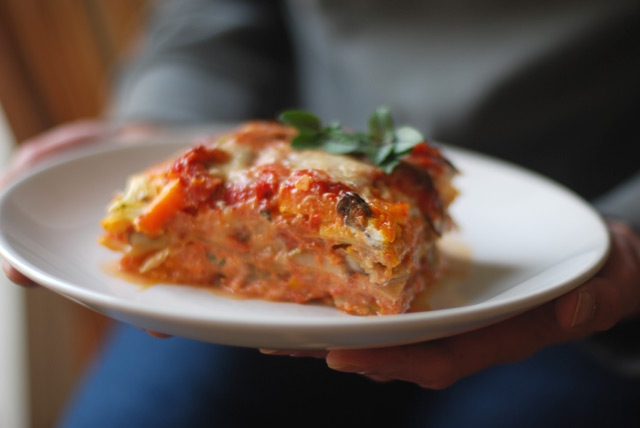 Lasagne mit Kuerbis Wirsing und Pilzen